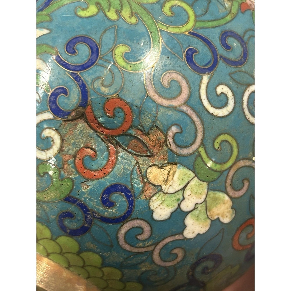Vintage Chinese Cloisonné Vase 8" Blue Flowers Brass Enamel Design - Picture 9 of 10